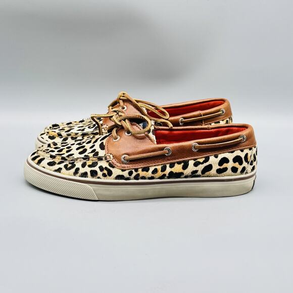 Sperry Shoes Women 7.5 Brown Leather Calf Hair Top Sider Leopard Print Boat Deck - Picture 5 of 13